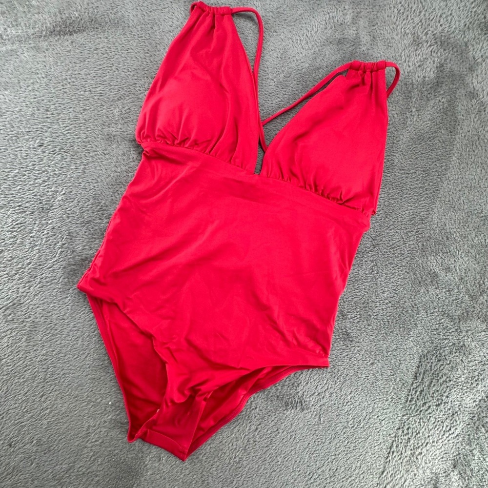 Sunn Lab Swim Mens Red‎ V-Neck Strappy Back One Piece Swimsuit AB535 Medium NWT
